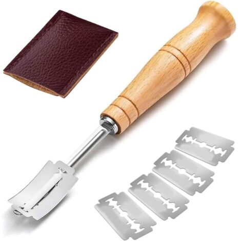 Slashing Tool, Bread Knife, Dough Knife, Wooden Handle, Bread Knife, Bread Blade, Baker's Blade, Bread Razor, Kitchen Brush, with 5 Replacement Blades, for Engraving Bread Designs