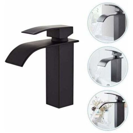 Bathroom Faucet with Two Inlet Pipes, Basin Mixer Tap with Hot & Cold Water Available, Modern Waterfall Design Basin Mixer Tap, Durable Black Copper Valve Body Design (1/4)