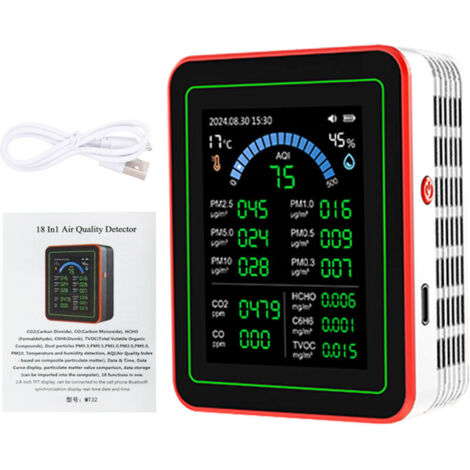 Eosnow 18-in-1 HCHO Meter, Temperature and Humidity Meter with Color Display for Home Office, Indoor Detection PM0.3 PM0.5 PM1.0 PM2.5 PM5.0 PM10 CO2 CO C6H6 TVOC White