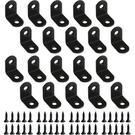 Pack of 20 Metal Fixing Brackets 25x25mm, L-Shaped Angle Bracket Support with 40 Screws, Angle Connector for Fixing and Repairing Furniture, Shelves, Cabinets, Wood (Black) (1/4)