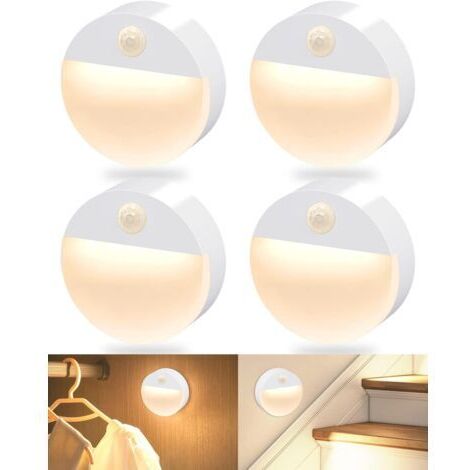 Set of 4 LED motion-activated stair lights, battery-powered, suitable for hallways, warm white light.