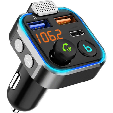 Bluetooth V5.0 FM transmitter with two USB Type-C PD ports and blue ambient lighting