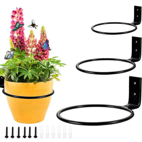 Set of 3 metal wall brackets for flower pots, inner diameter 10.2 cm/15.5 cm/20.5 cm, round, black, for home, garden, balcony