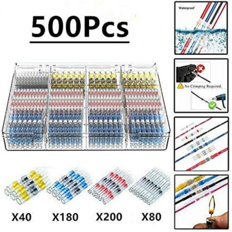500 Pcs Solderable Electrical Terminals with Heat Shrink Tubing, Maidodo Heat Shrinkable Butt-to-Butt Seal Insulated Waterproof Electrical Connectors for Marine, Automotive, and Copper
