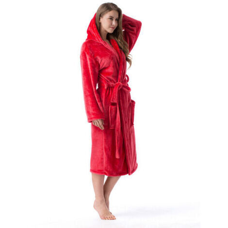 Adult hooded bath and indoor robe – Soft and absorbent flannel – Red XXL with 2 pockets and belt