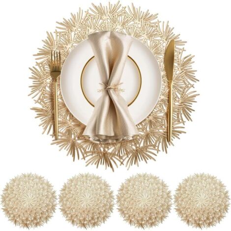 Round Placemat Set of 4, Washable Placemats, 38cm, Table Mats for Heat Insulation and Table Decoration, Gold