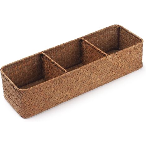 Rectangular Seagrass Storage Basket with Compartment, Ideal for Toys, Snacks, Toilet Paper, 37x12x8cm (1/3)