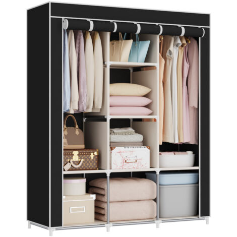 Portable wardrobes, fabric wardrobes, freestanding wardrobes with hanging rods and fabric covers, clothing organizers for hanging clothes (black)