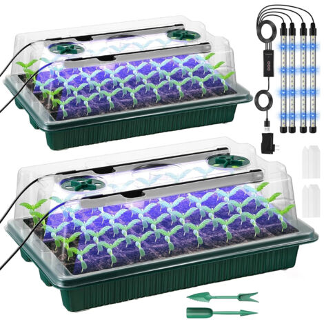 Greenhouse Plant Kit, 2 Pieces 40 Cells Seed Tray, Growing Greenhouse Kit with Adjustable LED Brightness, Adjustable Temperature and Humidity, Includes Plant Labels, Gardening Tools, Gloves (1/5)