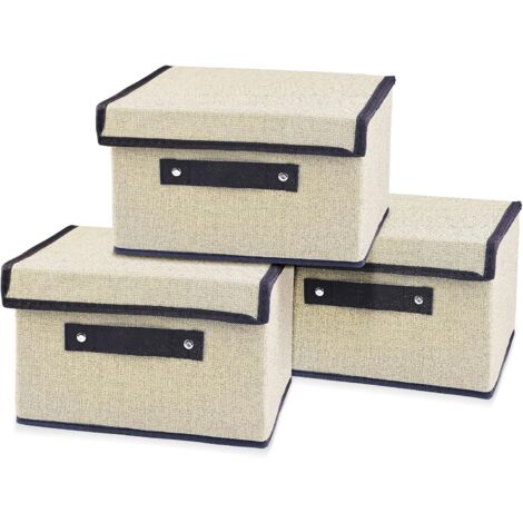 Set of 3 Collapsible Storage Boxes with Lids, 25x19x16 cm, For Clothes, Books, Toys and Socks (White) (1/5)