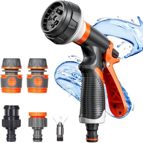 Watering Gun, Garden Hose Nozzle, High Pressure Watering Gun with 8 Adjustable Watering Modes and 4 Interfaces for Washing Cars, Gardens, Plants, and Pets (1/5)