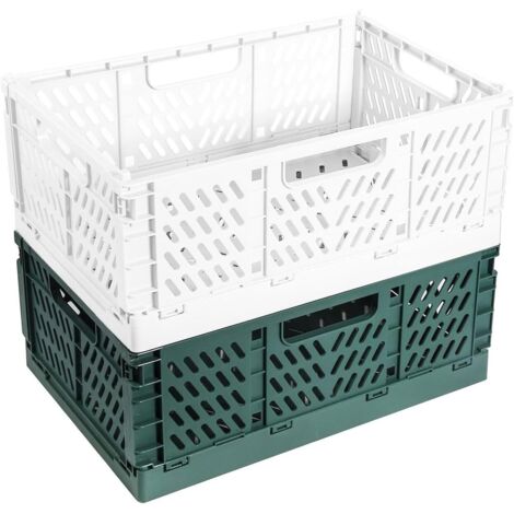 Set of 2 folding plastic crates, stackable storage baskets for kitchen, bedroom, office, garden (30x20x12 cm, dark green+beige) (1/5)