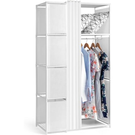Wardrobe with Curtain, Metal Closet with Hanging Rails, Clothes Rack, for Cloakroom, Bedroom, 88 x 44 x 162 cm