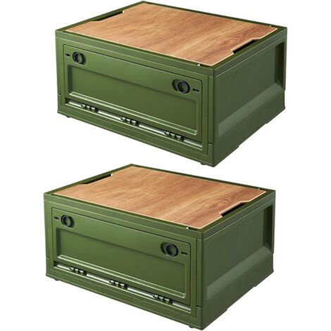 Set of 2 Collapsible and Stackable Plastic Storage Boxes with Lid and Wheels, 38L, For Home, Camping and Car, Green (1/5)