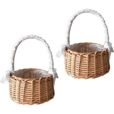 2 Pieces Small Wicker Baskets with Handles, Rattan Baskets with Handles, Straw Wedding Basket, Children's Flower Basket for Flowers and Fruit