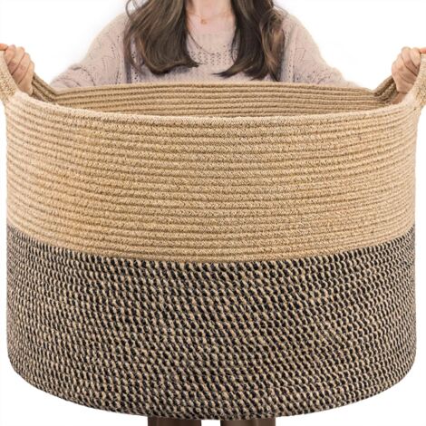 Extra large woven basket 55 x 35 cm, dog toy basket, laundry basket for dirty clothes, shoe basket for entryway, 90 L, black and jute (1/5)