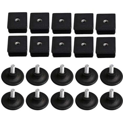 40mm x 40mm M8 Thread Black Plastic Furniture Leg Caps Blind Plugs Push-in Caps with Adjustable Thread Feet for Square Tube Pack of 10