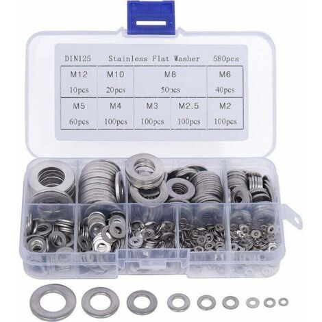 Metal Washers (580 Pieces) with Plastic Box - 9 Different Sizes of Stainless Steel Washers M2, M2.5, M3, M4, M5, M6, M8, M10 and M12 - Assortment of Flat Washers for DIY and Mechanical Use (1/5)
