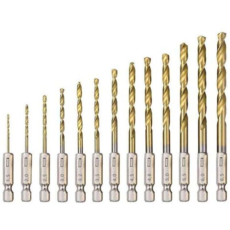 13-Piece HSS Twist Drill Bit Set, High-Speed Steel Hex Bits with Titanium Coating, 1.5mm - 6.5mm (1/4)