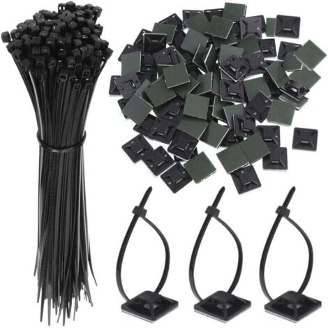 100PCS Black Adhesive Zip Ties, Cable Ties, Self-Adhesive Brackets, 150mm x 2.5mm, Cable Tie Base with Universal Multi-Purpose Cable Clip (1/5)