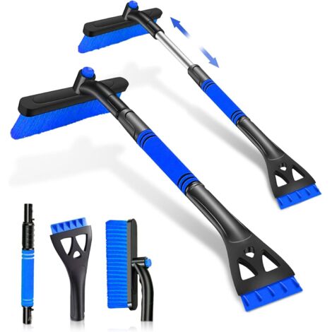 Car ice scraper with brush, 2-in-1 car ice scraper and cleaning brush, multifunctional snow brush with 360° rotating brush head and foam handle, 80cm long snow shovel for cars, trucks, SUVs (Blue)