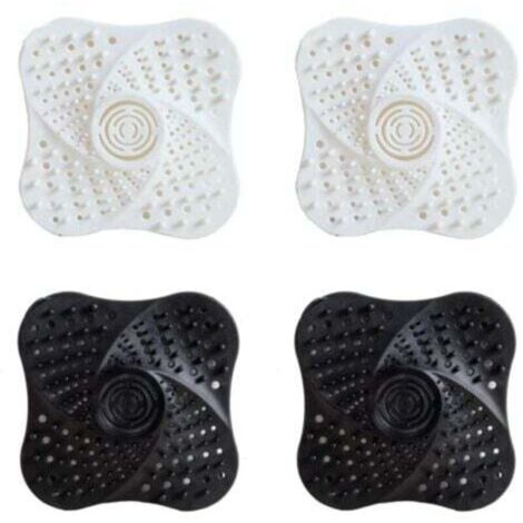 Set of 4 white and black silicone floor drain plugs to prevent odors, hair filters for showers, drain and sink plugs (1/4)