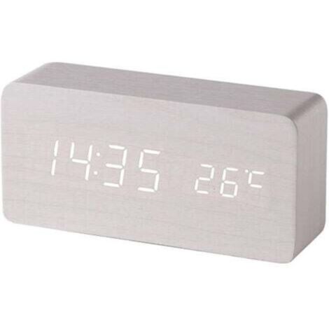 (White) Wooden digital alarm clock with LED sound control, dual USB battery power supply, silent wooden clock with LED, home decorations (1/4)