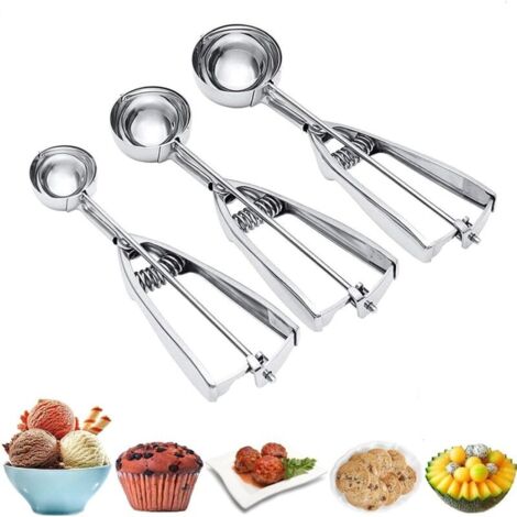 Stainless Steel Ice Cream Scoops (3 Pieces) — Polished, Sizes 4/5/6 cm, with Ejector, for Melon Scoops (1/4)