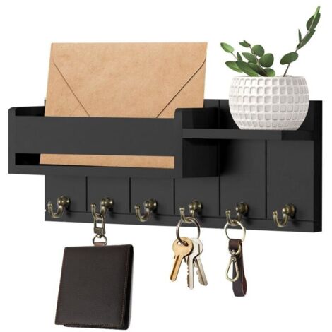 Wooden Key Box, Wooden Key Box with 6 Key Hooks, Modern Key Box, Wall-Mounted Key Holder for Living Room, Kitchen, Bedroom, Black (1/4)