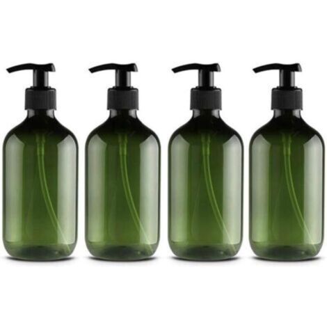 Set of 4 plastic pump bottles for pet lotion, shampoo, shower gel, hand cream, 500 ml, green and brown