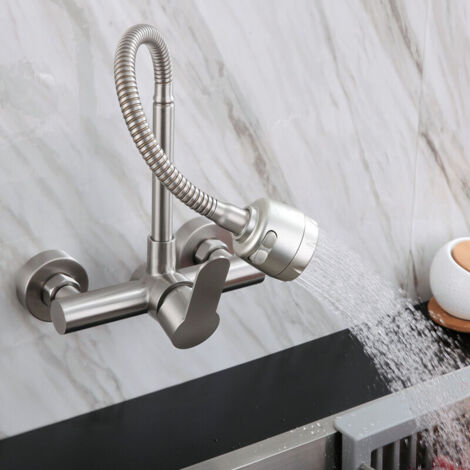 SUS304 Stainless Steel Wall-Mounted Kitchen Faucet, Hot and Cold Mixer Tap, Swivel Spray Head, Lead-Free