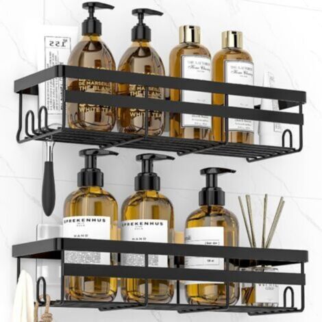 Bathroom caddy, 2 pieces, shower caddy, shower storage unit with hooks (black)