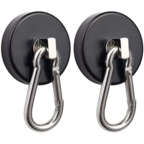 Two black magnetic hooks with rotating carabiners, maximum tensile strength of 75 kg, for suspension. (1/4)