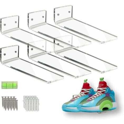 Set of 6 floating acrylic shoe shelves, transparent wall-mounted shoe rack, wall storage for shoe collection or shoe box, photos, vinyl records