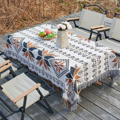 Elegant bohemian rectangular tablecloth in cotton linen with tassels. Stain-resistant, waterproof and easy-care tablecloth for indoor and outdoor use, garden, dining room, parties (130 x 180 cm) (1/4)