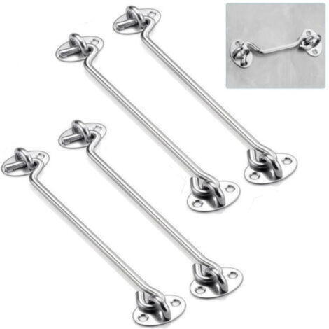 Set of 4 stainless steel hook and eye latches, 8 in. cm, heavy-duty cabin hook for doors, gates, windows, cabinets, includes mounting screws