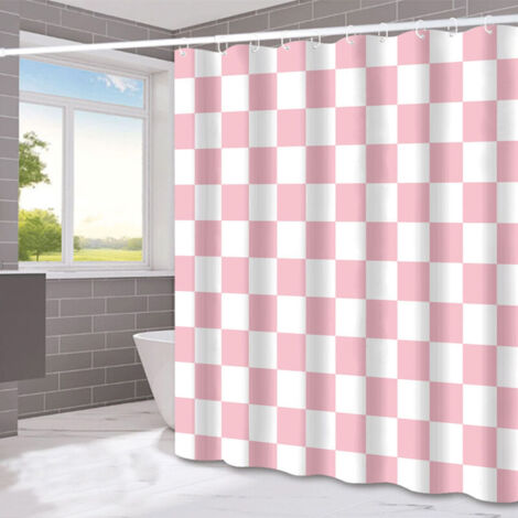 piece pink and white checkered shower curtain, door divider curtain, waterproof, suitable for bathroom, kitchen, 180x180cm (1/4)