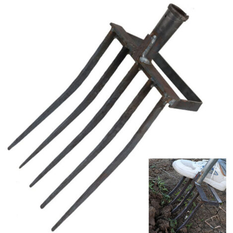 5-tine manganese steel garden fork with footrest – Heavy-duty tool for loosening soil, digging garlic and ginger (handle not included) Black