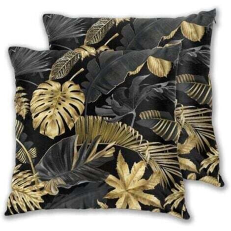 Cushion Covers, Tropical Leaves Gold and Black on Dark Background, 45x45 cm Cushion Cover, Set of 2 Decorative Pillowcases with Invisible Zipper