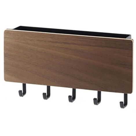 Japanese wooden wall-mounted key holder with 5 hooks, multifunctional for the home (walnut wood color)