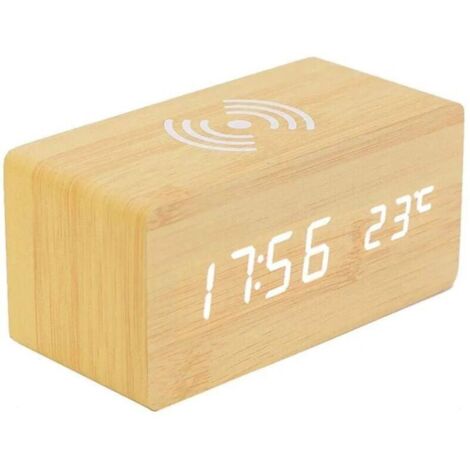 Digital Thermometer Alarm Clock, Wooden Digital Alarm Clock, LED Wooden Alarm Clock with Wireless Charger, Wooden Alarm Clock with Induction Charger (1/4)