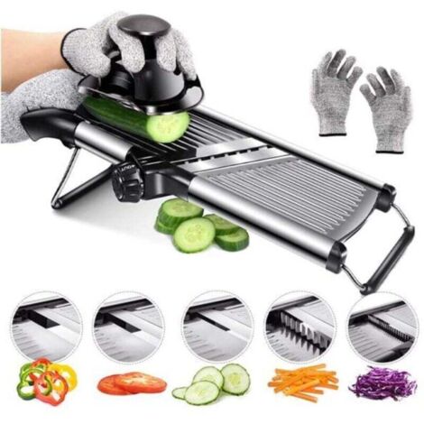 Professional stainless steel kitchen mandoline, adjustable multifunctional mandoline with hand guard and safety gloves