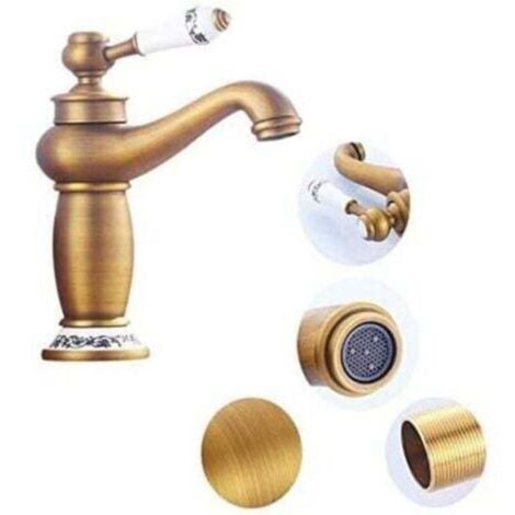 Retro Brass Ceramic Basin Mixer Tap, Blue and White Porcelain Long Neck Vintage Floral Design with Hot/Cold Water Inlet, Kitchen Bathroom (Antique) -- TRIMEC (1/4)