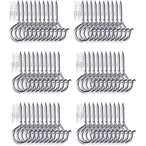 Screw-in ceiling hooks for hanging plants, outdoor string lights, for patios, wooden walls and ceilings, pack of 60, silver (1/4)