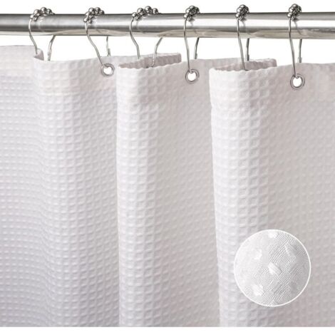 Waffle-weave fabric shower curtain with metal rings, mildew-resistant and waterproof, thick, 180 x 200 cm - White (1/4)