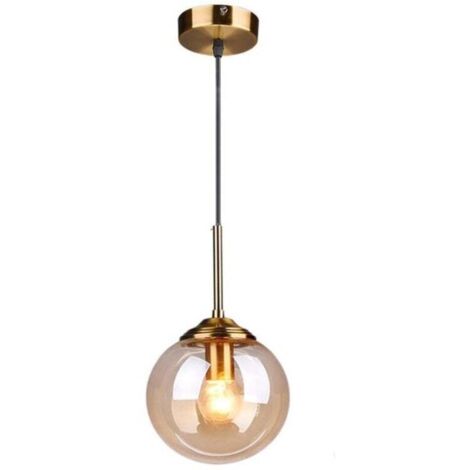 Vintage glass globe chandelier, brass fittings, warm light E27, suitable for dining room and bedroom (single light, amber) (1/4)