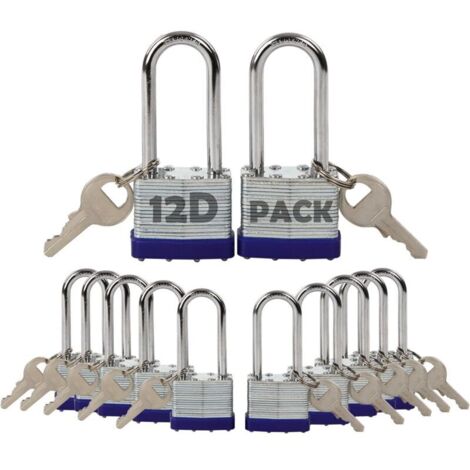 Pack of 12 keyed-alike padlocks with 14 identical pieces, extra-long shackle, heavy-duty 1-9/16" (40 mm) rolled steel body, rust-resistant, for outdoor and indoor lockers, fences, gates, etc.