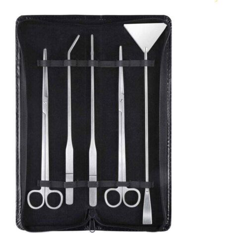 5-in-1 stainless steel tool set for aquariums and aquatic plants: tweezers, scissors, and spatulas.