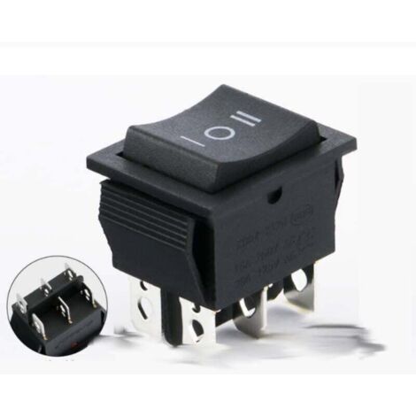 ON/OFF/ON rocker switch, DPDT 6-pin, 6-terminal switch, 16A 250VAC, Black