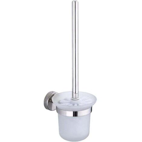 Toilet Brush and Holder, Bathroom Toilet Brush Sets with Stainless Steel Handle and Tempered Glass Bowl, Self-Adhesive Wall Mounted, Silver (1/4)